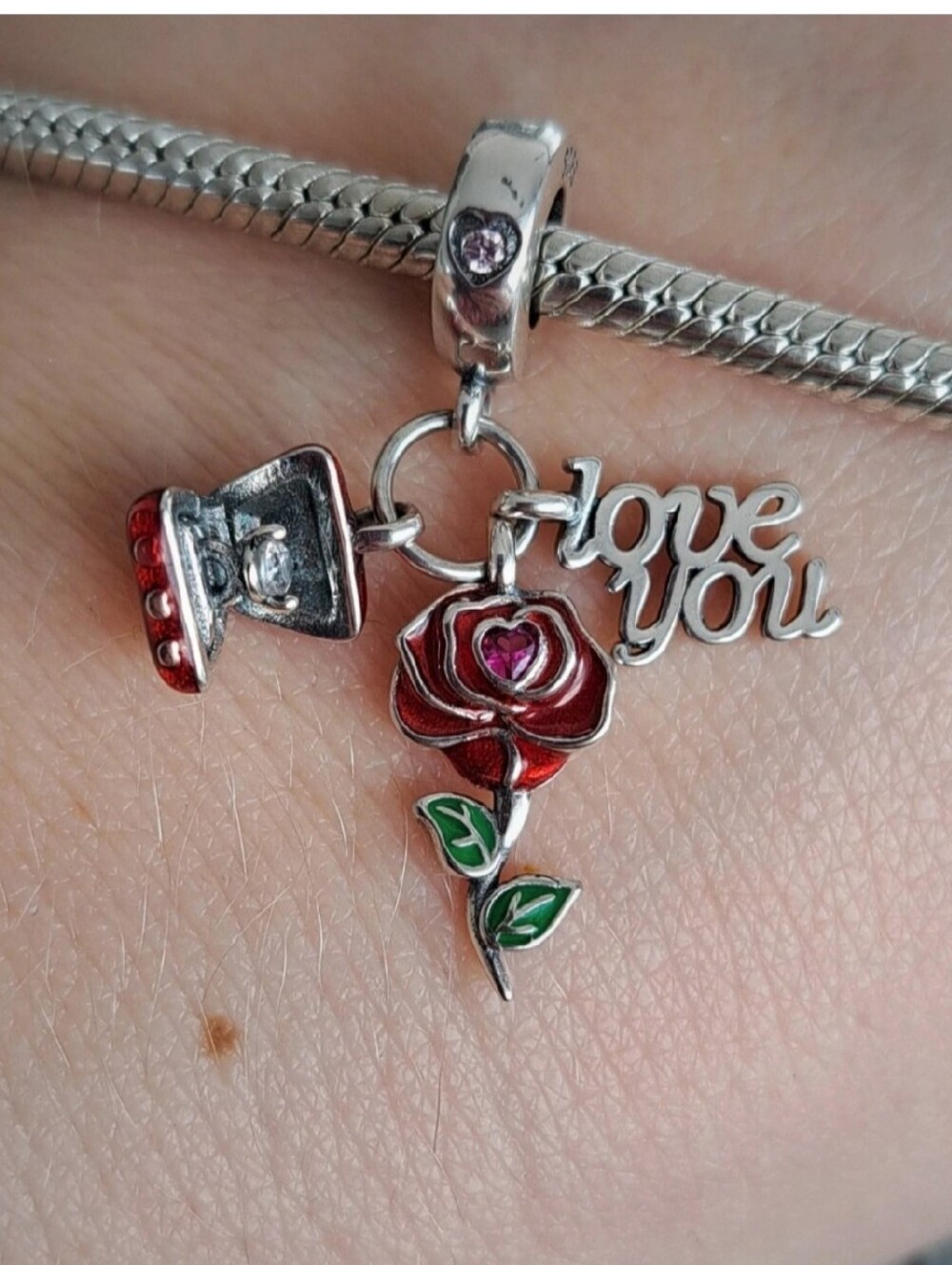 Sterling Silver Red Rose & 'Love You' Dangle Charm